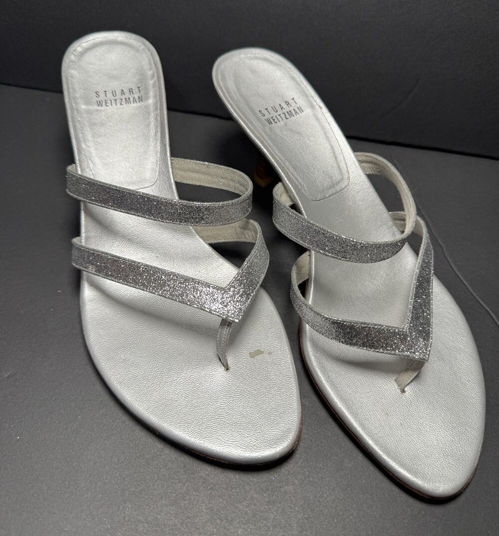Stuart Weitzman Silver Glitter Size 8 Strappy Sandals Thong Style